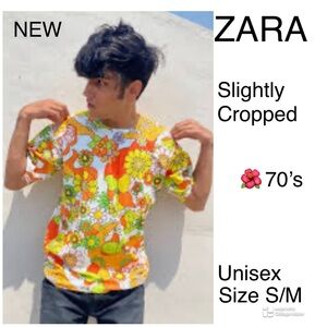 NEW ⭐️ ZARA 70’s GROOVY Floral Graphic T-Shirt, roomy SMALL or medium